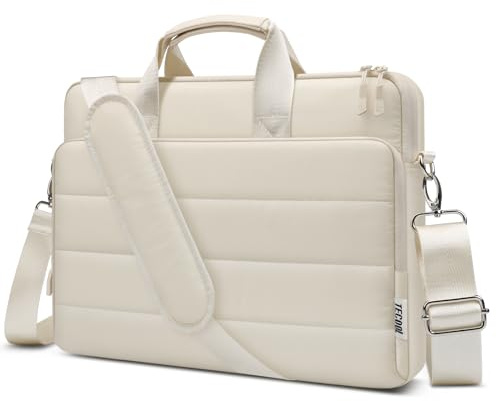TECOOL 15,6 16 Zoll Laptoptasche, Puffy Aktentasche Schultertasche | Umhängetasche Wasserdicht für 15 15.6 16 Zoll Acer Asus Lenovo HP Dell Notebook Laptop Tasche MacBook Pro 15 16 - Beige