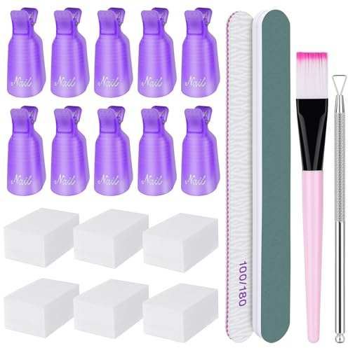 BUTBU Soak Off Gel, 10 PCS Nail Polish Remover Clips, Acrylic Nail Remover Kit with Nails Wipes Cuticle Pusher and Buffer Block, Reusable Clips for Fingers and Toenails (Purple)