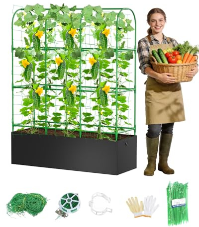 MQJIAZHI Gurken Rankhilfe 127 x 162cm mit Pflanztasche, 2-in-1 Rankhilfe für Gurken & Tomaten, Höhenverstellbares Tomatenkäfig mit atmungsaktiver Stoffplanter für Garten, Balkon & Terrasse