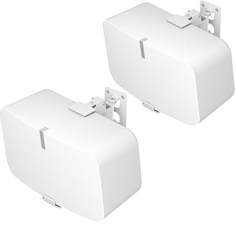 Wall Mount Brackets for Sonos Five & Sonos Play 5 Gen 2 Mount, Adjustable ±16° Tilt & ±15° Swivel, Heavy Duty Metal Material Up to 35 Lbs, With Anti-Scratch Pads, Wall Fixings Included, 1 Pair White