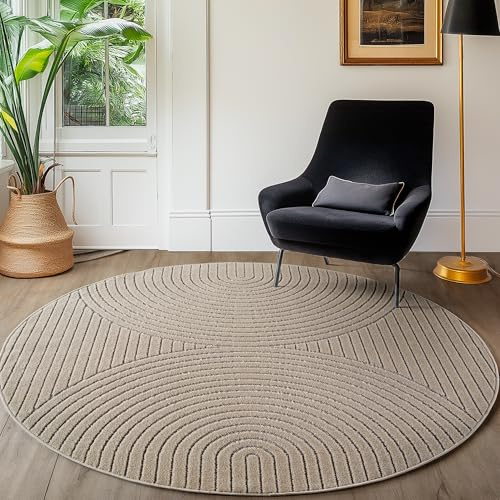 SIMPEX Kurzflor Teppich Rund 160 cm Beige, Hoch Tief Effekt, Skandi Boho Teppich für Wohnzimmer Schlafzimmer, Terrasse Balkon Indoor Outdoor