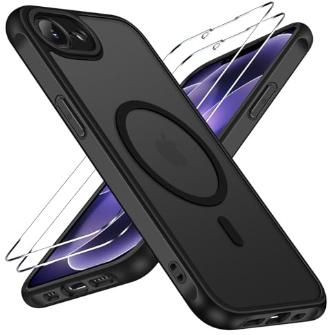 ivoler Magnetisch Hülle für iPhone 17e / 16e, mit 2 Panzerglas,Schwarz | Kompatibel mit MagSafe,Militärschutz, stoßfest, Matt Durchscheinend Rückseite , vollständiger Kameraschutz,dünne Passform