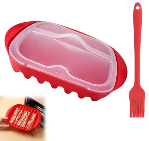 Microwave Bacon Cooker, Crisper with Lid & Brush, Red Tray for Breakfast