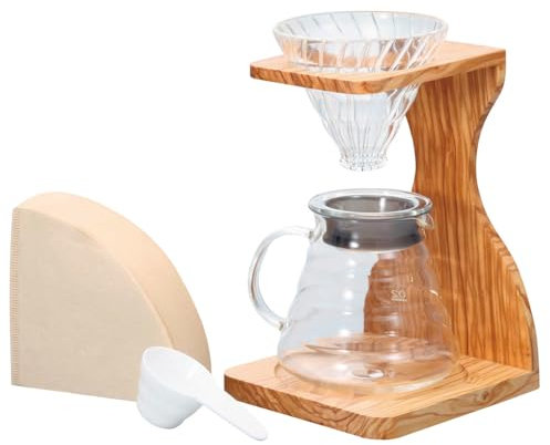 HARIO ハリオ V60 オリーブウッドスタンドセット V60-Juego de Soportes de Madera de Olivo, 20 x 15 x 30 cm
