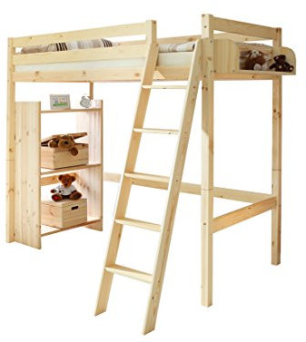 TiCAA extra Hochbett, Kinderbett Spielbett mit Treppe aus Kiefer Massivholz Bettgestell 90 x 200