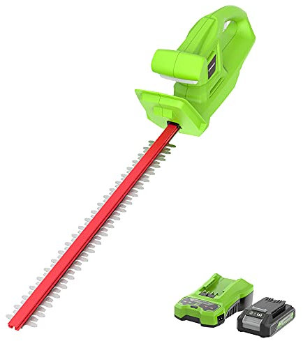 Greenworks Tools G24HTK2 Tagliasiepi a Batteria, Li-Ion 24 V, 47 cm Lunghezza Lama, 17 mm Distanza Lame, 2800 Tagli / Min, Impugnatura a T, Inclusa Batteria da 2 Ah e Caricabatteria