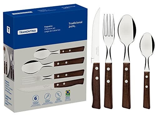 Tramontina Cutlery Set with Steak Knives, 24 Piece Sharp Knife, Forks, Teaspoons, Tablespoons with Wooden Handles, Camping, Kitchen, Rustic, 22299050