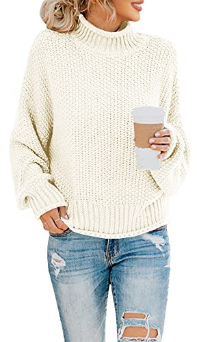 Saodimallsu Female Strickpullover Rollkragen Oversized Pullover Fledermaus Langarm Loser Grobstrick Sweater Beige-Weiß Groß