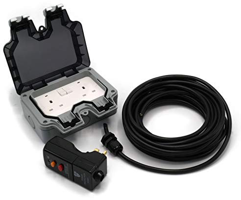 HDIUK Outdoor Mains Two Socket Wiring kit RCD Plug, Cable, Twin IP66 Switched 13Amp UK Sockets (20 Metre Cable, Black Cable)