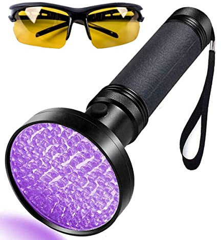 LGUIY Linterna UV, luz UV, 100 LED, luz negra, 395 nm, linterna ultravioleta con gafas para mascotas, perros, gatos, manchas, escorpión, moneda, detector de chinches