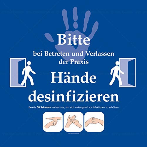 Sprechzeichen GbR Schild Bitte bei Betreten und Verlassen der Praxis Hände desinfizieren | 35x35cm blau
