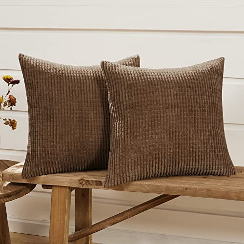 Deconovo Kissenbezug Kissen Kordsamt Kissenbezüge Kissenhülle Dekokissen mit Verstecktem Reißverschluss für Sofa Schlafzimmer, 65x65 cm, Braun, 2er Set