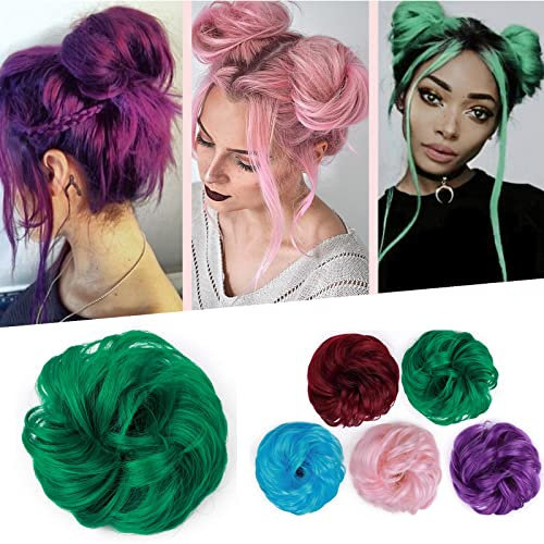 Silk-co Haarteil mit Gummiband, Dutt mit Haaren Gewellt Weich Dutt Haarteil mit Gummiband 35 g, Gelockt Haarverdickung Hair Extensions Messy Bun Hochsteckfrisuren Grün