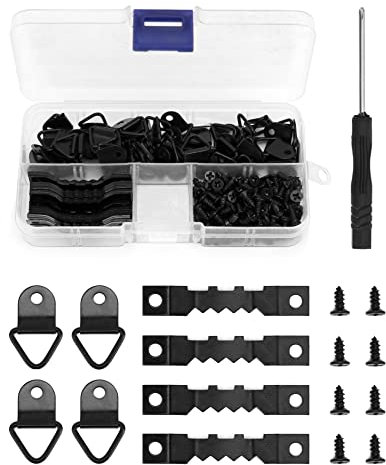 QWORK 251 Stück Bildaufhänger, 50 x Zackenaufhänger 50 x Dreieck Ring Aufhängen 150 x Schrauben und 1 x Schraubendreher für Foto Bilder Malerei Hängen (Schwarz)