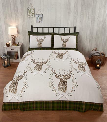 Rapport Home Bettwäsche-Set aus 100% gebürstetem Baumwollflanell, Motiv: Angus Hirsch, Winter-Bettwäsche-Set (Kingsize, Grün), King-Size-Bett