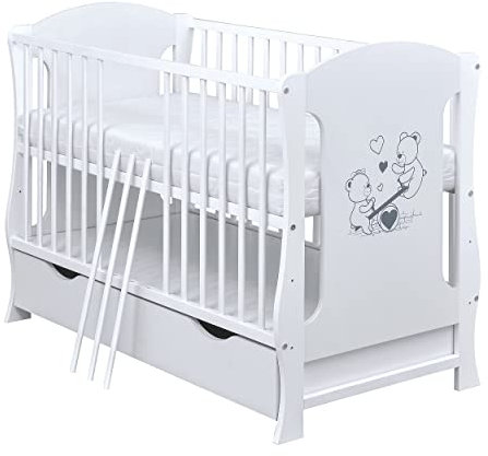 Baby Delux Babybett Kinderbett Juniorbett umbaubar Weiß 120x60 Lia Motiv Schublade Matratze (mit Kokos-Buchweizen Matratze 9cm)