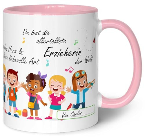 GRAVURZEILE Bedruckte Tasse mit Spruch - Erzieher Abschied - Herzliche Geschenke - Geschenk für Erzieher zum Kindergarten Abschied - Geschenk als Dankeschön für Frauen und Männer - Rosa
