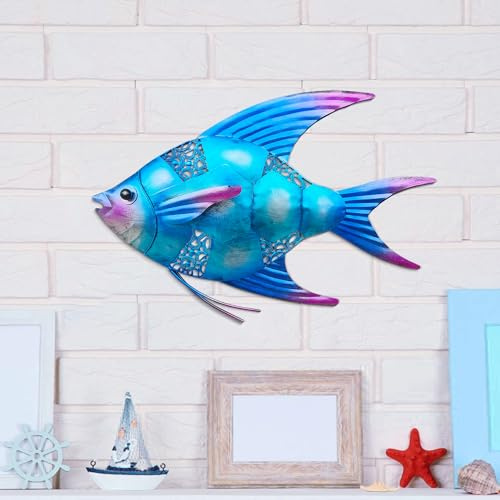 POXOHO Metal Fish Wall Decor, Tropical Fishes Wall Art Ocean Decoration, Outdoor Indoor Fish Wall Decoration, Nautical Metal Wall Art for Garden Home Patio Porch Fence Pool Decorations，Blue