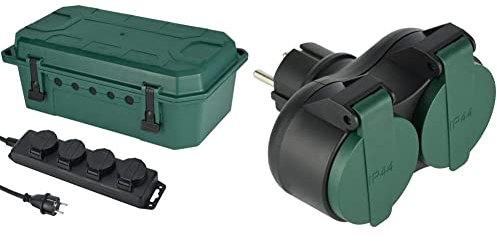 Electraline Boîte de Protection étanche pour extérieure résistant aux intempéries IP54,Vert, X-Large & Adaptateur Biplite d'extérieur résistant à l'eau IP44, multiprise 2 Prises Français avec Capuchon