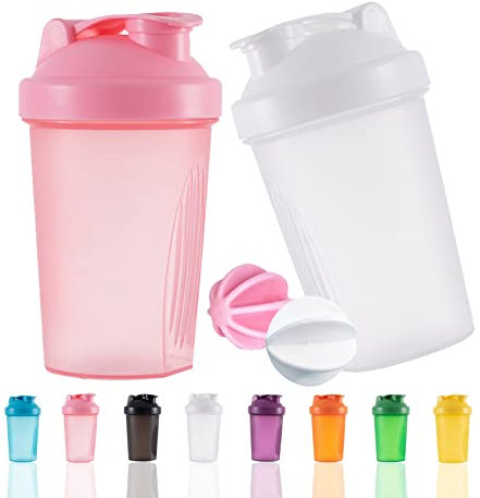 OOTD Protein Shaker Flasche 400 ml Auslaufsicher, BPA Frei, Eiweiß Shaker für Supplement Shakes mit Sieb & Skala, Fitness Mixer für cremige Whey Proteinpulver Shakes, (White+Pink(2PCS)