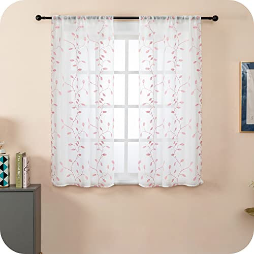 GIRASOLE HOME® Coppia Tende Filtranti in Simil Lino Fantasia Rampicanti Tenda per Finestra ed Interni 2 Pannelli con Tasca e Passanti Nascosti (Rosa, 70x138cm)