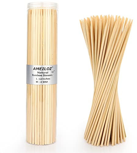 12 Natural Bamboo Wood Barbecue Skewers for Kabob, Appetizer, Fruit, Sausage, Chocolate Fountain, Wooden BBQ Kebob Skewer Stick, Organic Food Sticks for Grilling, Kitchen (Φ=4mm Thick, 100PCS)