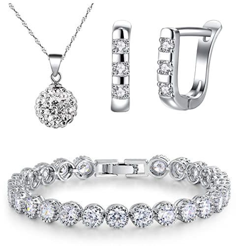 KIM JOHANSON® Damen Schmuckset *Lina* in Silber I Halskette mit Anhänger aus 925 Sterling Silber I Creolen Ohrringe aus Edelstahl I Set für Frauen I Kristall Armband I Wasserfest inkl. Schmuckbeutel