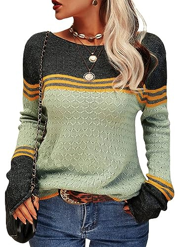 Tankaneo Pull en tricot à manches longues et col rond pour femme, vert clair, M