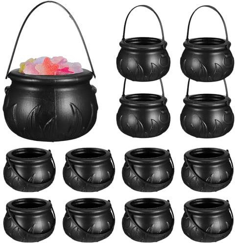 Garneck 12 Stück Halloween kleine Kessel: 9x7 cm Plastik Hexenkessel Mini Schwarz Halloween Deko Kessel für Süßigkeiten - Kinder Süßes oder Saures Eimer Party Tischdeko