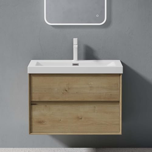 doporro Badmöbel Set Waschtischunterschrank Waschtisch mit Unterschrank Wandhängender Waschbecken-Unterschrank mit Soft-Close in Kerneiche 76,5cm inkl. Mineralguss-Waschbecken Rimo