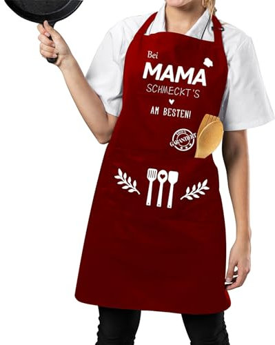 Tarklanda Schürze mit Spruch Bei Mama schmeckt's am besten! - Damen Kochschürze Verstellbare Backschürze Geschenk für Mama zum Geburtstag Muttertag