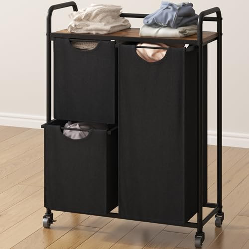 Hzuaneri panier à linge 3 compartiments, panier à linge avec 1 étagères, trieur de linge, sac à linge extensible et amovible, par sac 46 litres, pour salle de bain, vintage marron-noir LB08701B
