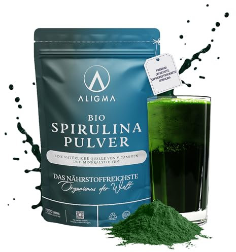 Aligma Bio Spirulina Pulver 1000 Gram zur Stärkung des Immunsystems Super Greens-Pulver voller Nährstoffe und Vitamine, Kalzium, glutenfreies und veganes Proteinpulver |Wiederverschließbare Verpackung