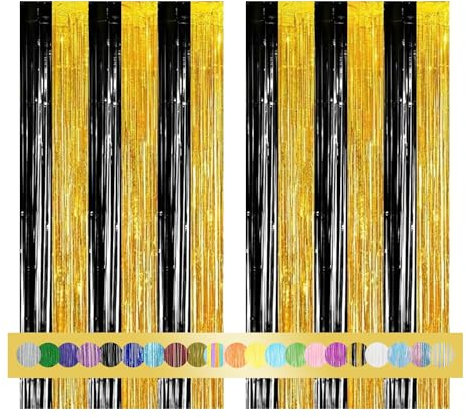 2 Stück Silvester Lametta Vorhänge Schwarz Gold Neujahr Glitzer Hintergrund Dekoration Folien Fransen Geburtstag Hochzeit Partydeko Luftschlangen Deko für Disco Party Hochzeit Party Dekoration