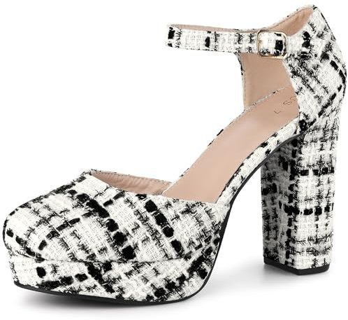 Allegra K Décolleté Mary Jane con tacco grosso e cinturino alla caviglia con plateau scozzese da donna Nero bianco 37.5