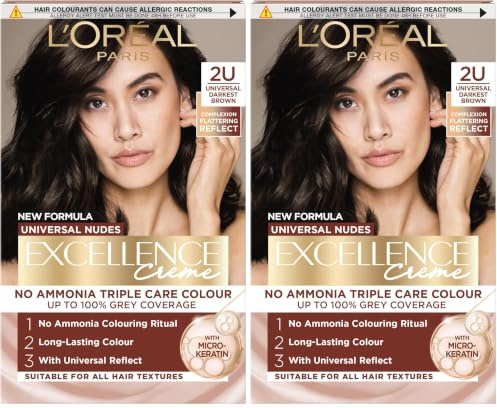 L’Oréal Excellence Permanent Hair Dye Colouring Cream, 100% Grey Coverage, With Pro-Keratin + Ammonia-Free, Universal Nudes, 2U Darkest Brown (Pack of 2)
