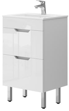 Vicco Ensemble de Meubles de Salle de Bain Clayton, Blanc Haute Brillance, 2 pièces, avec lavabo et 2 tiroirs