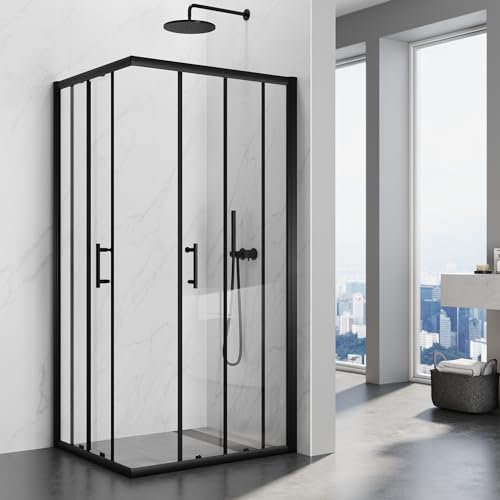 SIRHIONA Cabine de douche d'entrée d'angle, porte coulissante en verre de sécurité noir, cabine de douche d'angle, porte de douche,80x90x195 cm