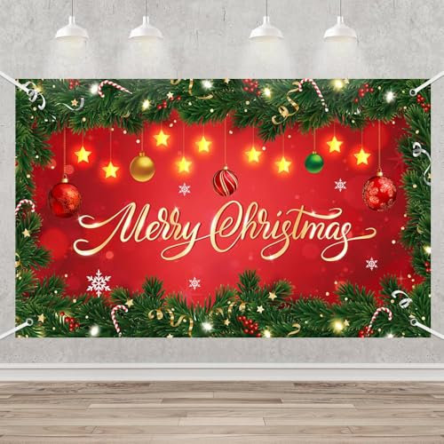 MEHOFOND 1,8 x 1,1 m Weihnachtsbanner Hintergrund Merry Christmas Xmas Bäume Kugeln Twinkle Stars Party Dekorationen Banner für Weihnachten Indoor Outdoor Wanddekoration Fotografie Hintergrund