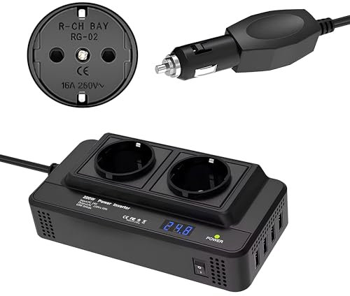 Inversor de voltaje para coche de 200 W CC 12 V a CA 220-230 V con 2 enchufes europeos, 4 puertos USB y enchufe para encendedor de cigarrillos para camping, viajes de negocios y vacaciones
