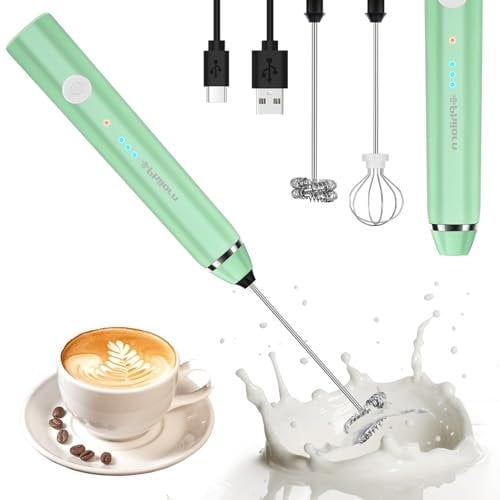 Philorn Espumador de leche eléctrico, doble batidor de mano espumador de leche de 3 marchas, con USB recargable, espumador de leche manual para café/latte/capuchino/huevos batiendo (Verde)