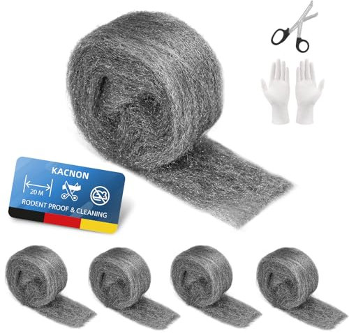 KACNON 1# Lana d'acciaio, 5 Rotoli 20M Lana d'acciaio Anti-topo, con Guanti e Forbici, Lana d'acciaio Fine, Contro i Roditori, per Fori e Crepe della Parete, Casa, Garage e Giardino
