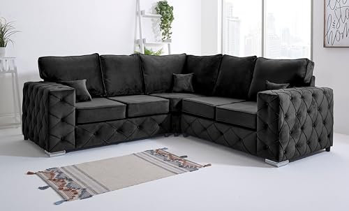 Sofahub Milton Black Plush Velvet Living Room Sofa Set - Button Tufted Design with Foam Seats & Chrome Feet | 2 Seater, 3 Seater, 3+2 & Corner Sofa Options - Fullback Sofa (Black, Corner Sofa)