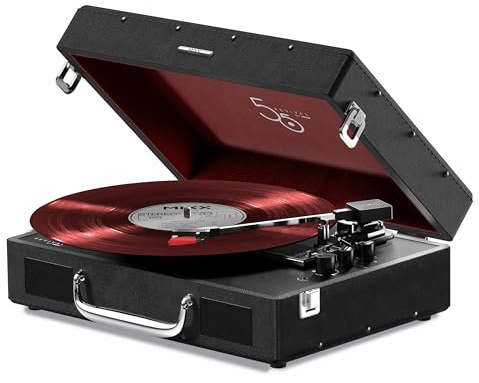 Mixx Revival 55 RetroStyle Portable Suitcase Vinyl Record Player with Built-in Stereo Speakers, Bluetooth In/Output, All Record Sizes with 45 RPM adapter, EU and UK AC plug adapter