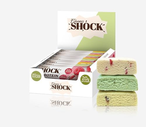 FitnesSHOCK High Proteinriege Mixbox mit hohem 20g Proteingehalt Eiweißriegel ohne Zuckerzusatz kalorienarm low carb ballaststoffreich Sorten: Pistazien, Banane und Himbeere Geschmack 12Stk 60g