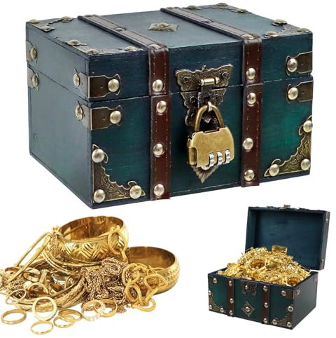 JOLIGAEA Vintage Holz Schatztruhe, 18 x 11 x 10cm Holz Aufbewahrung Schatzkiste mit Zahlenschloss, Holztruhe Schatzkiste, Holzkiste mit Deckel für Aufbewahren und Dekorieren (Grün)