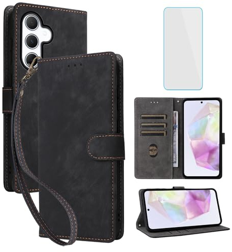 IUQXU RFID Wallet Phone Case for Samsung Galaxy A36 5G/A56 5G Black | with Screen Protector,Leather Flip Cover,Card Slot,Kickstand,Women Men Mobile Phone Case for Samsung A 56 A 36 Galaxy 56A 5G