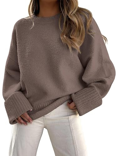 Jhsnjnr Womens Chunky Oversized Sweater Pullover Long Sleeve Knitwear Crew Neck Knitted Autumn Slouchy Jumpers Light Brown