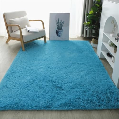 Highdi Langflor Weich Teppich Wohnzimmer Einfarbig, Soft Shaggy Teppich Flauschiger Teppich Waschbarer Teppich Schlafzimmer, Kunstfell Fell Imitat Teppich Kinderzimmer Nordic (140x200cm,Blau)