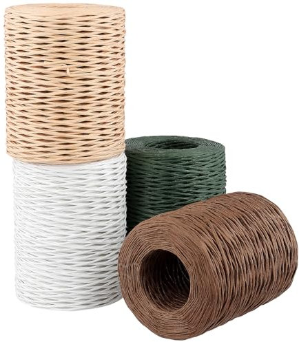 KEILEOHO 4 Stück Papierkordel mit Draht 2 mm x 200 m, Papierdraht zum Basteln, Weiß, Grün, Braun, Dunkelbraun, Drahtschnur Dekodraht zum DIY, Hochzeitsstrauß Verpackung, Geschenkverpackung